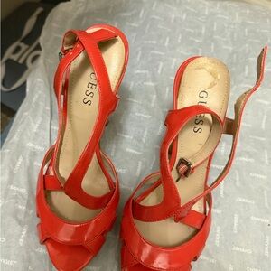 GUESS Red Patent Leather T-Strap Heeled Sandals
